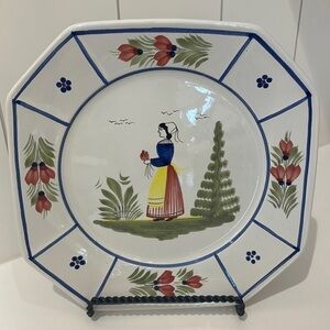 VINTAGE HENRIOT QUIMPER FAIENCE BRETON LADY PLATE 20TH C—Hand Painted—EUC